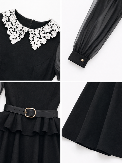 Vintage Lapel Ruffled Umbrella Midi Dress