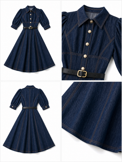 Vintage Washed Denim Waist-Cinched Midi Dress