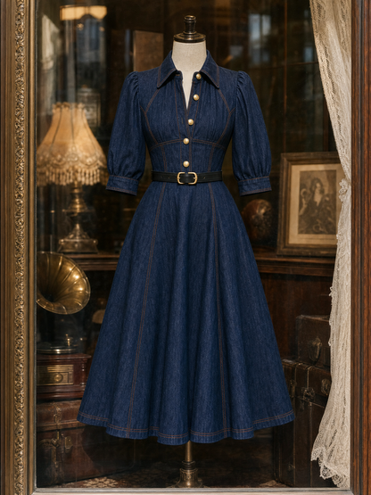Vintage Washed Denim Waist-Cinched Midi Dress