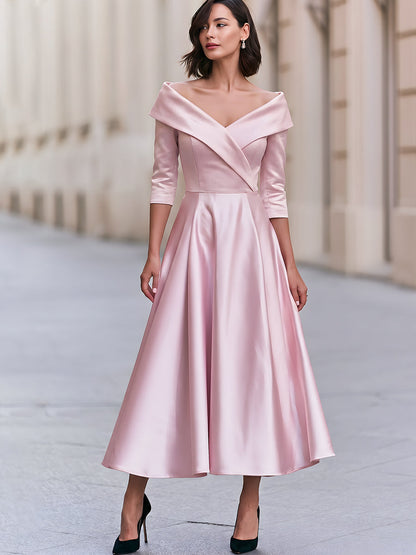 Satin Off-Shoulder A-Line Midi Dress