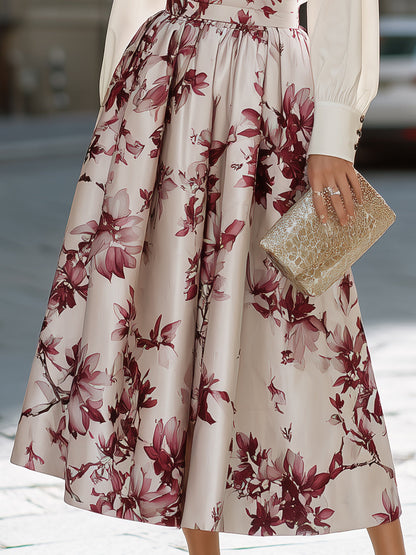Collared Button-Front Blouse And Floral Full Midi Skirt Set