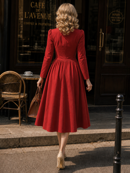 Vintage Square Neck Chest Pleats Umbrella Midi Dress