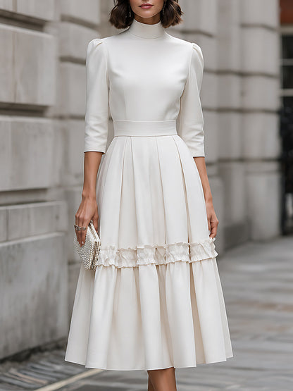 High-Neck Ruffle-Trim Pleated Midi Dress
