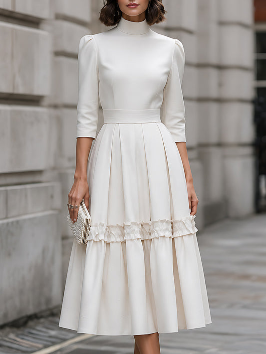 High-Neck Ruffle-Trim Pleated Midi Dress