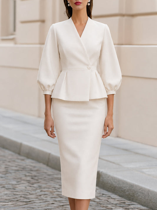 Office Formal V Neck Peplum Blazer & Midi Pencil Skirt Two-Piece  Suit Co-Ord Set