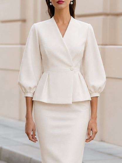 Office Formal V Neck Peplum Blazer & Midi Pencil Skirt Two-Piece  Suit Co-Ord Set