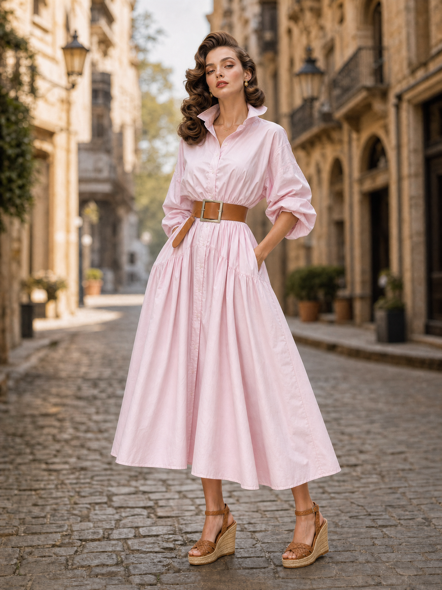 Vintage Blush Cotton Belted Midi Shirt Dress