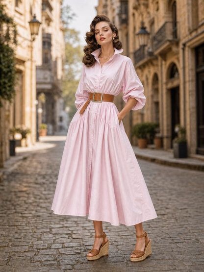 Vintage Blush Cotton Belted Midi Shirt Dress