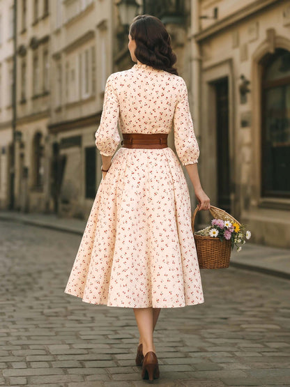 Vintage Cherry Print Puff Sleeve A-Line Midi Dress