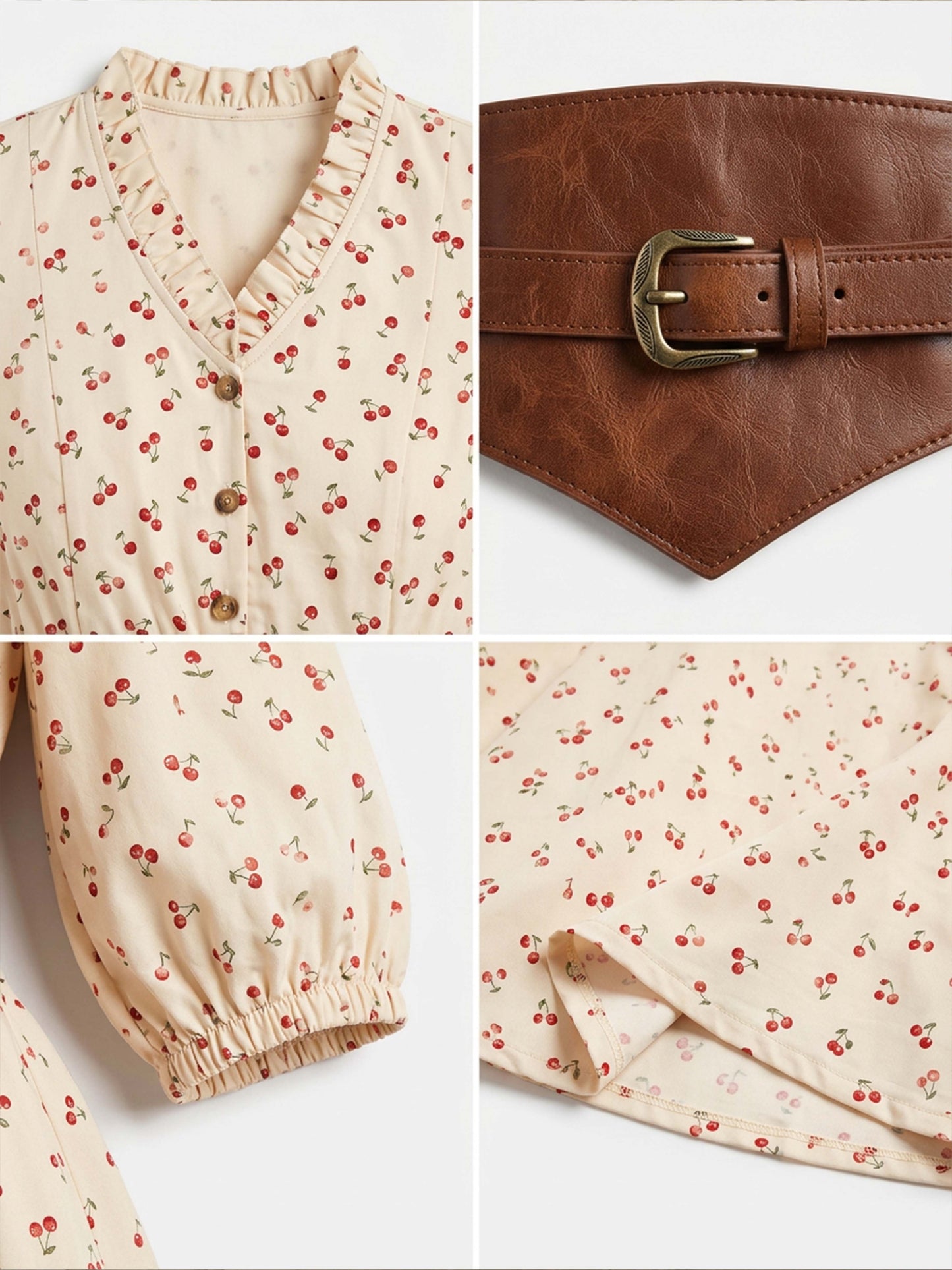 Vintage Cherry Print Puff Sleeve A-Line Midi Dress