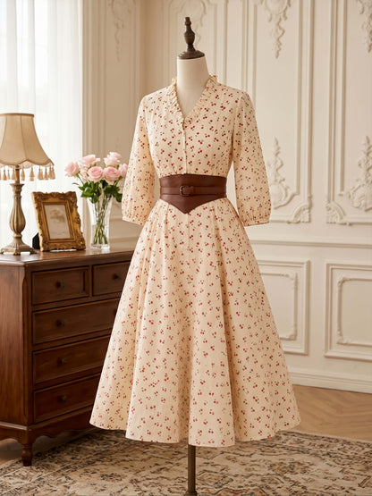 Vintage Cherry Print Puff Sleeve A-Line Midi Dress