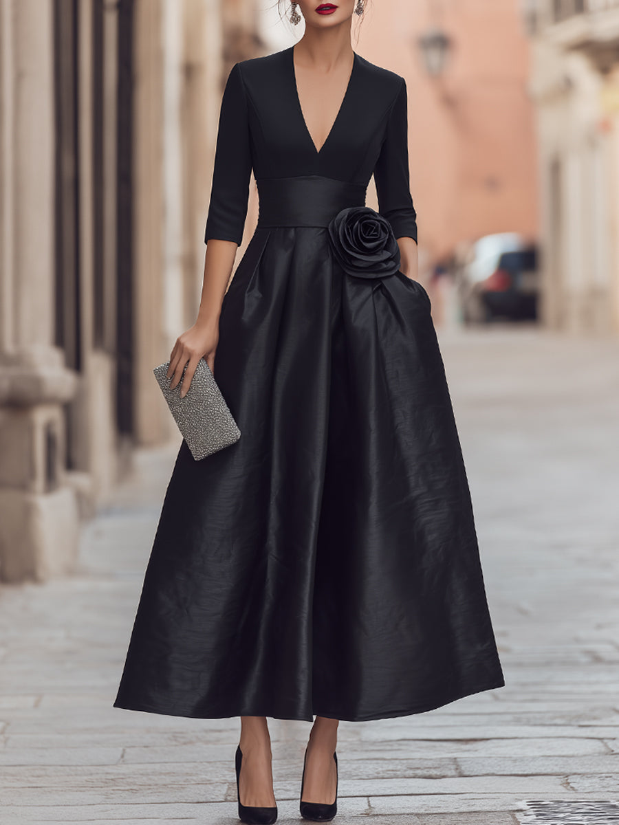 Deep V-Neck Floral-Appliqué Evening Dress With Full Skirt