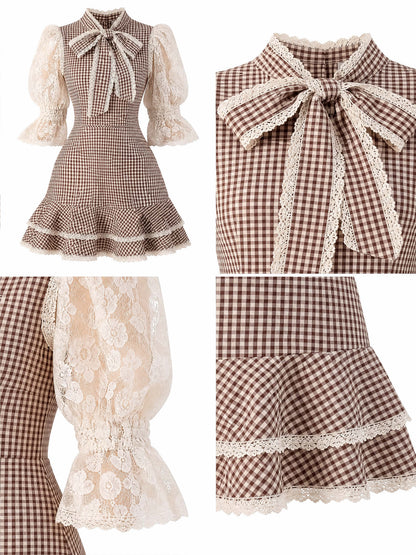 Elegant Brown Gingham Lace Puff Sleeve Mini Dress