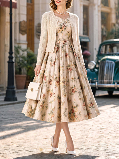Vintage Floral Square Neck Swing Dress