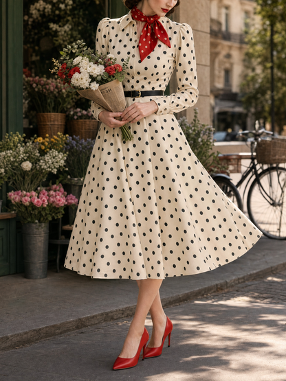Vintage Polka Dot Printed Waist-Tied Blouse Midi Dress