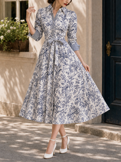 Vintage Floral Print Tie Waist Blouse Midi Dress