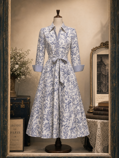 Vintage Floral Print Tie Waist Blouse Midi Dress