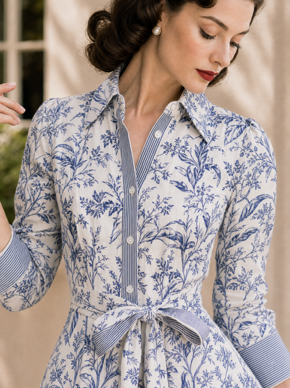 Vintage Floral Print Tie Waist Blouse Midi Dress