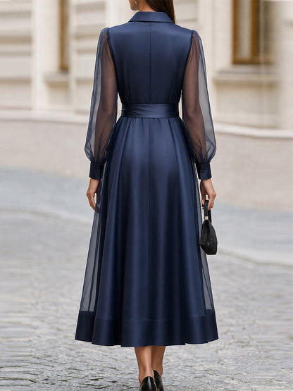 Formal OccasionSheer Tulle  Sleeve Satin Midi Shirt Dress With Self Tie Belt