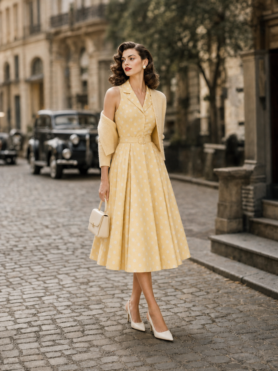 1950s Retro Yellow Dotted Collared Fitted-Waist Swing Midi Dress
