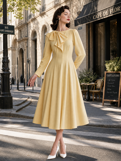 Vintage Bow Collar Umbrella Midi Dress