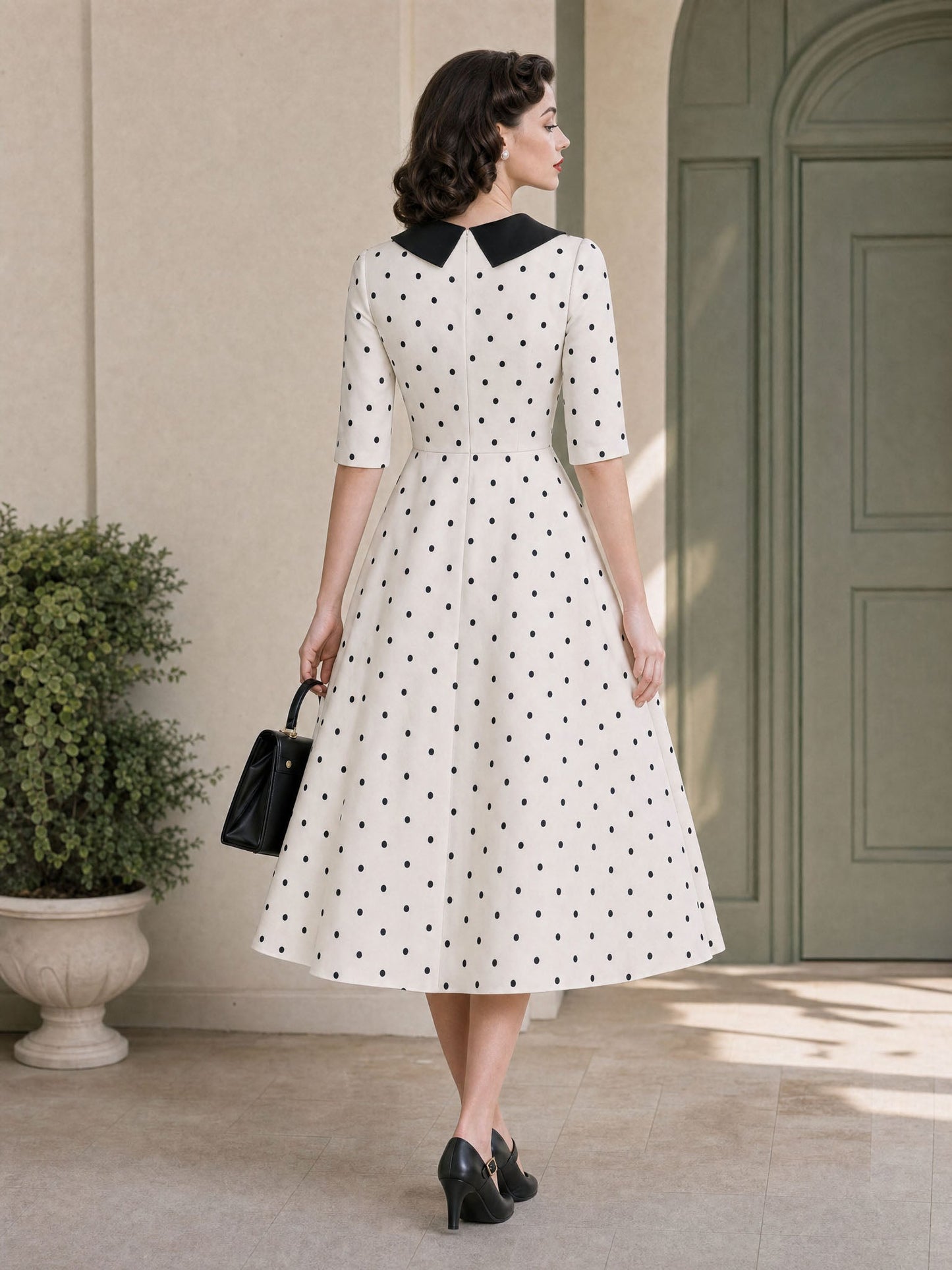 Vintage Polka Dot Unique Collar Midi Dress