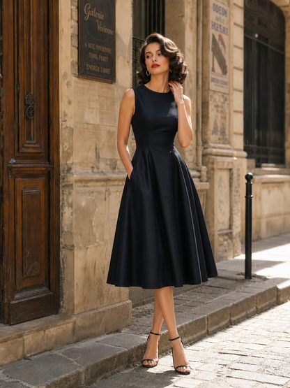 Retro Audrey-Style Black Sleeveless A-Line Swing Midi Dress