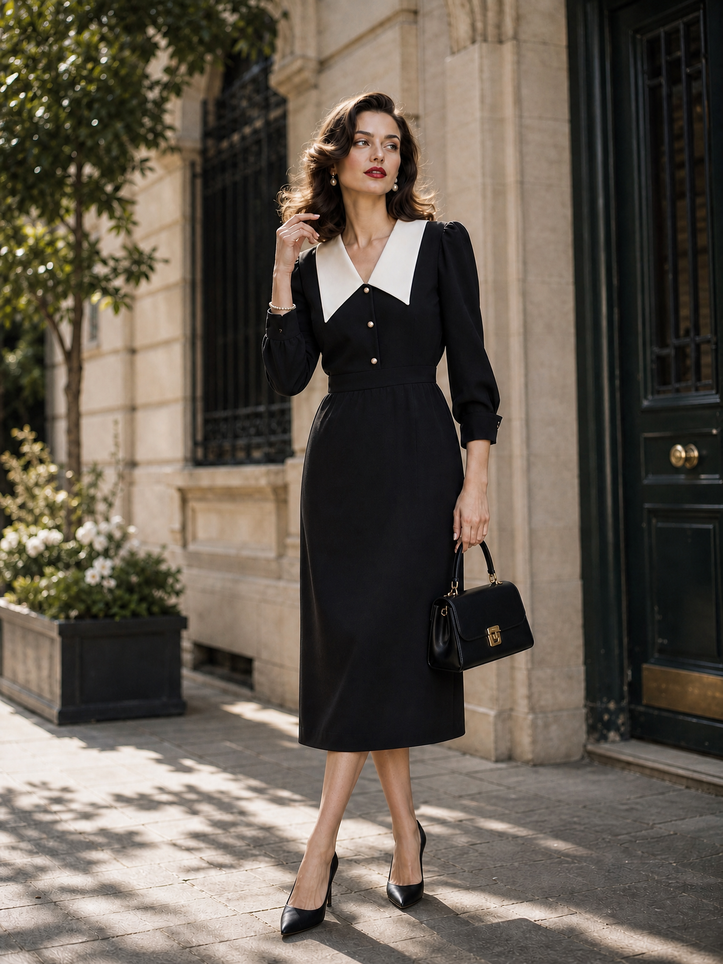 Vintage Contrast White Peter-Pan Collar Pearl-Button Midi Dress