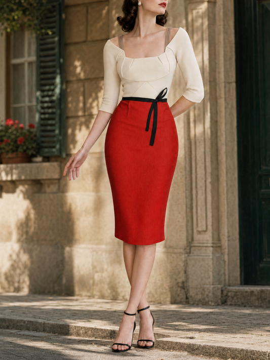 Vintage Color-blocked Bodycon Midi Dress