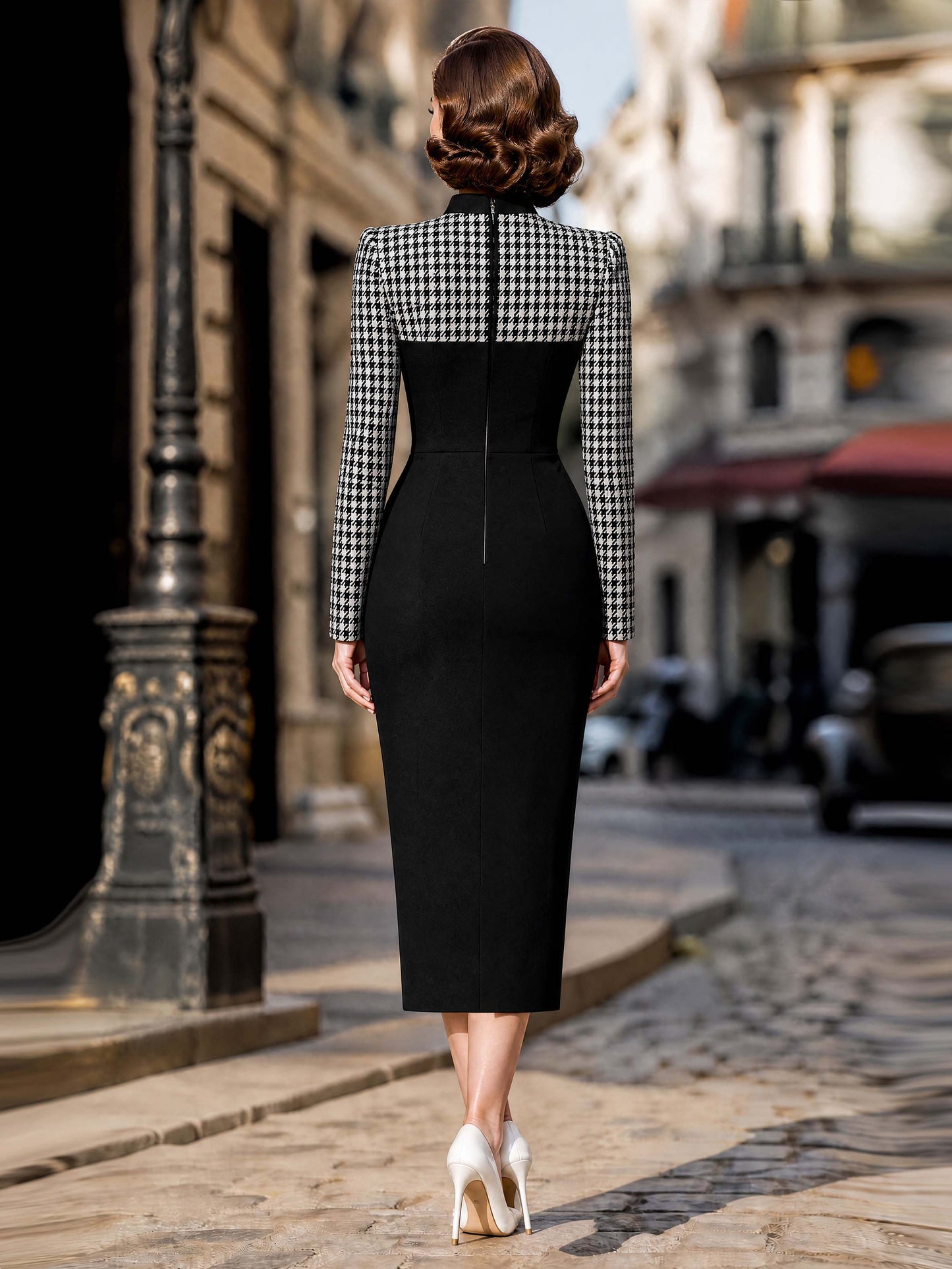 Vintage Patchwork Houndstooth Bodycon Midi Dress