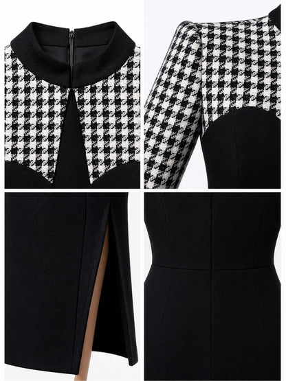 Vintage Patchwork Houndstooth Bodycon Midi Dress
