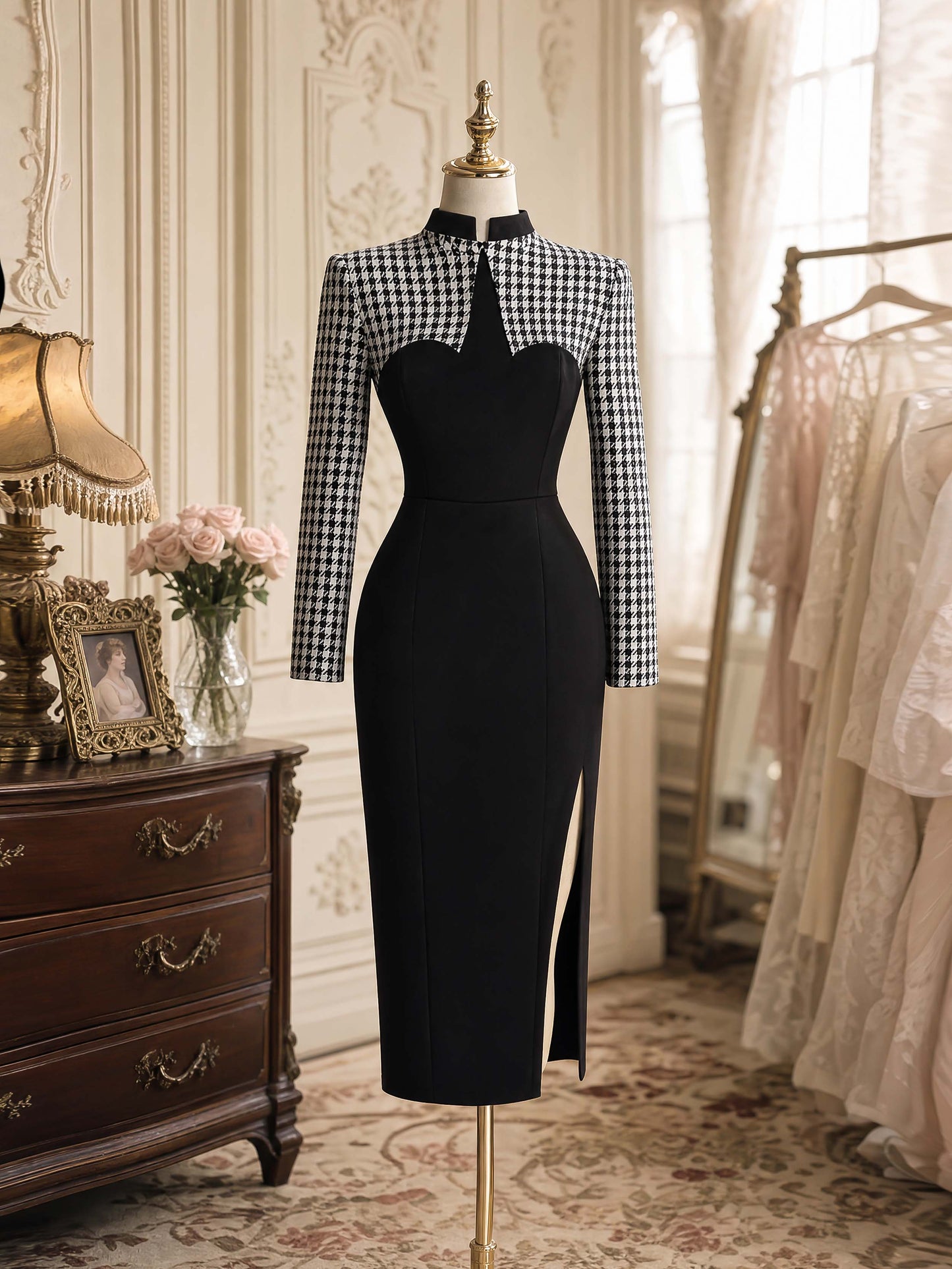 Vintage Patchwork Houndstooth Bodycon Midi Dress