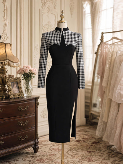 Vintage Patchwork Houndstooth Bodycon Midi Dress