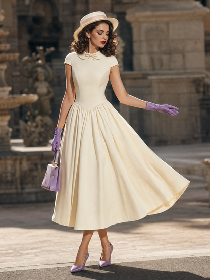 Vintage Bow Peter Pan Collar Satin Panel Midi Dress