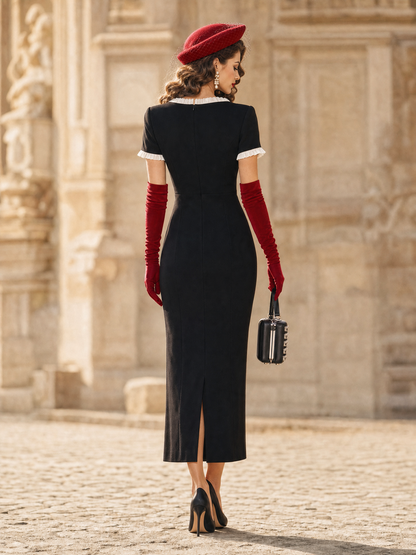 Vintage Elegant Square Neck Ruffle Trim Bodycon Midi Dress