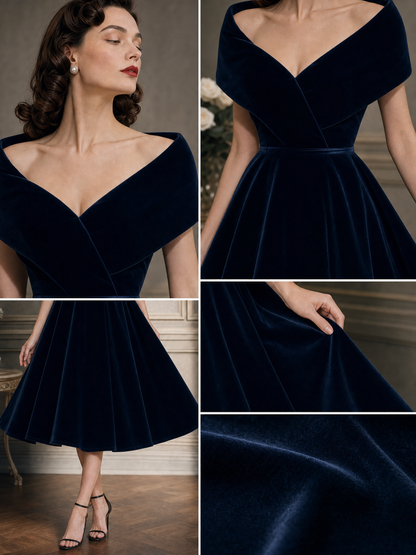Vintage Wrap Collar Shawl Velvet Midi Dress