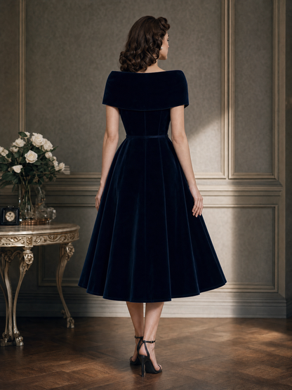 Vintage Wrap Collar Shawl Velvet Midi Dress