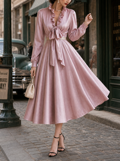 Vintage Ruffle Collar Bow Ties Swing Maxi Dress