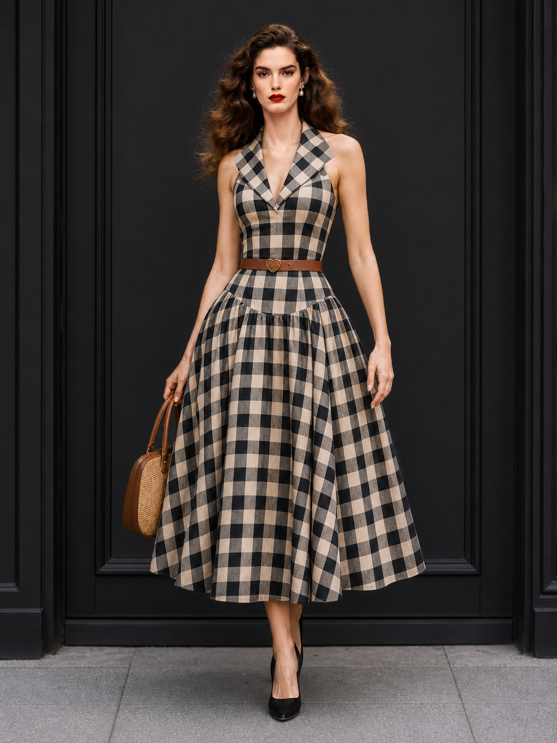 Vintage Plaid Print Lapel Maxi Dress