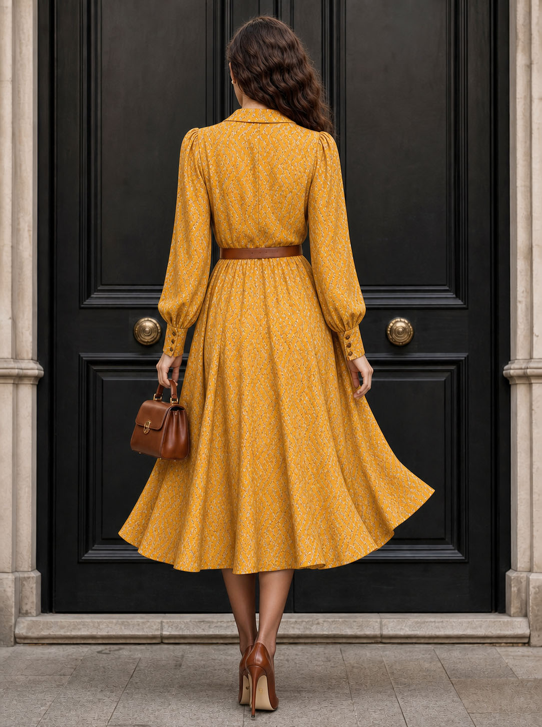 Vintage V-neck Floral Print Full Flare Midi Dress