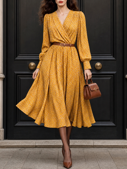 Vintage V-neck Floral Print Full Flare Midi Dress