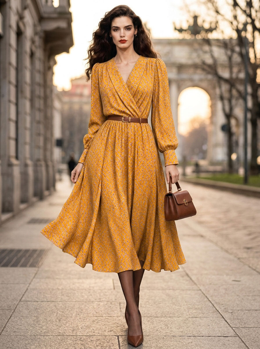 Vintage V-neck Floral Print Full Flare Midi Dress