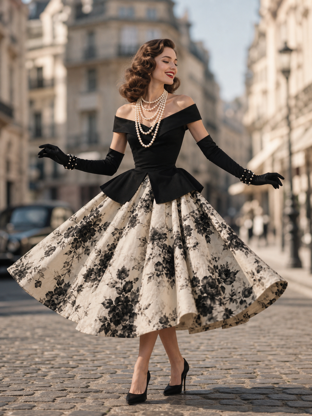 Vintage 1950s Off-Shoulder Floral Print Midi Party Dress