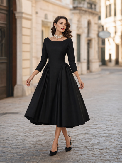 Vintage Audrey-Style Black Boat-Neck Fit-and-Flare Midi Dress