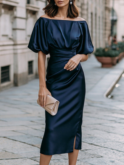 Off-Shoulder Puff-Sleeve Ruched Midi Dress With Side Slit