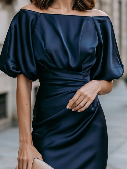 Off-Shoulder Puff-Sleeve Ruched Midi Dress With Side Slit