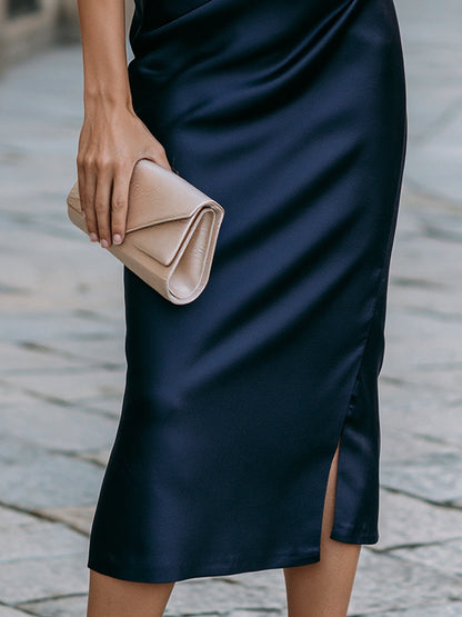 Off-Shoulder Puff-Sleeve Ruched Midi Dress With Side Slit