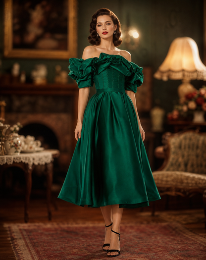 Emerald Green Off-Shoulder Ruffle Puff-Sleeve Corset Cocktail Dress