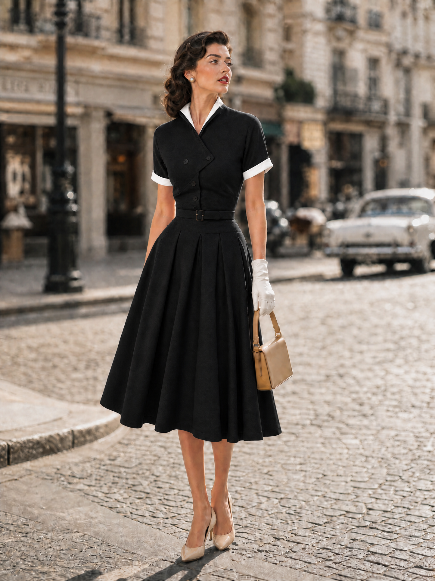 Vintage Black Contrast Double-Breasted Midi Dress