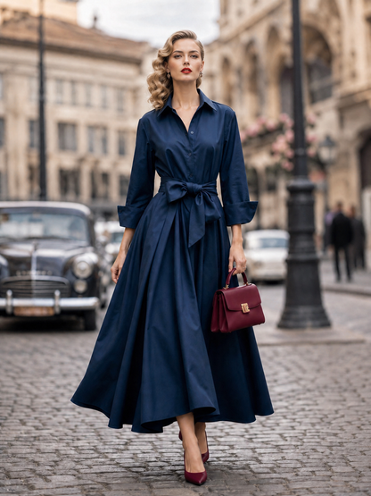 Vintage Tie-Waist Fit-and-Flare Cotton Shirt Maxi Dress